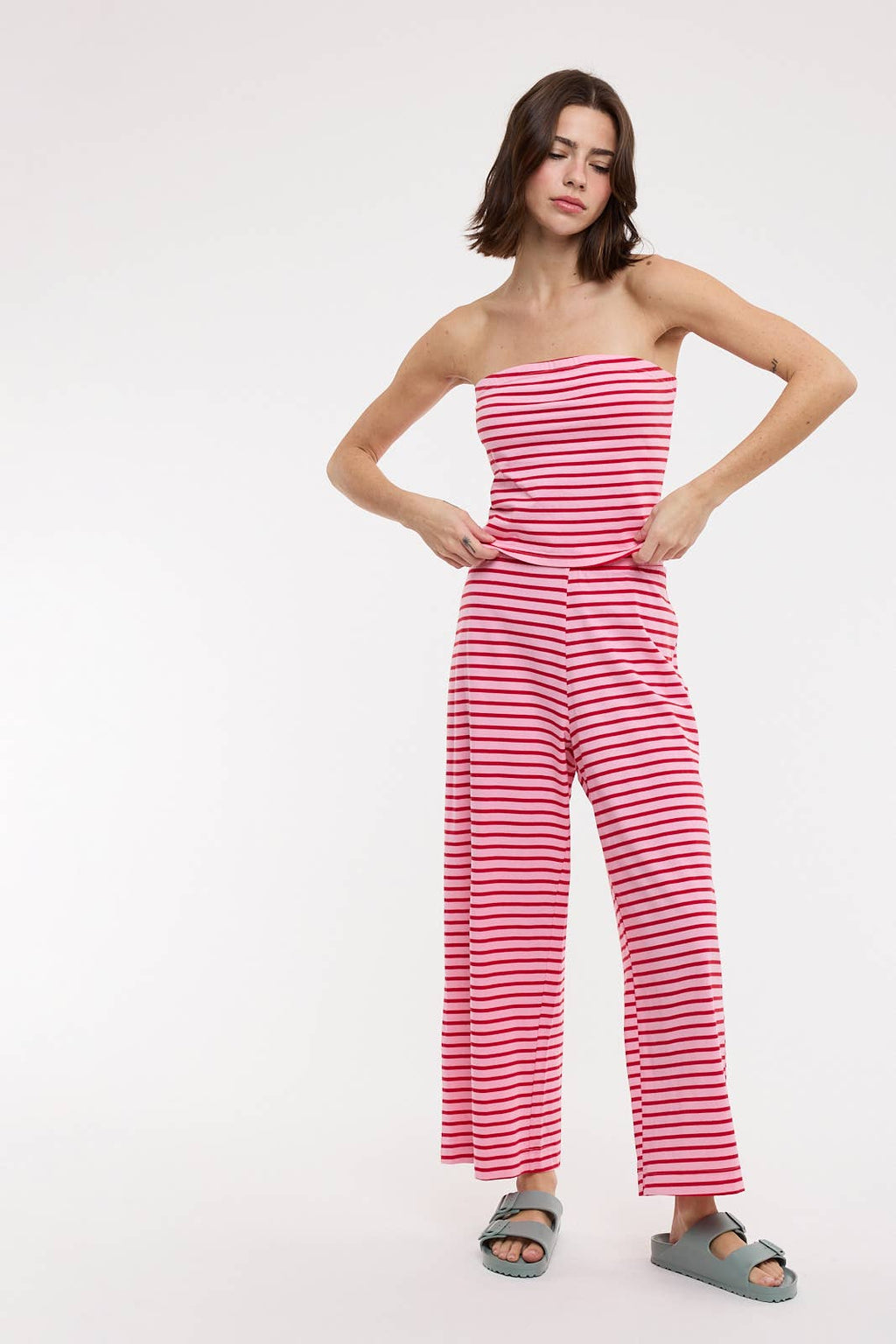 STRIPED KNIT TUBE TOP AND PANTS SET / WL25-12326