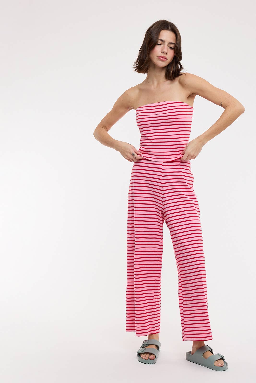 STRIPED KNIT TUBE TOP AND PANTS SET / WL25-12326