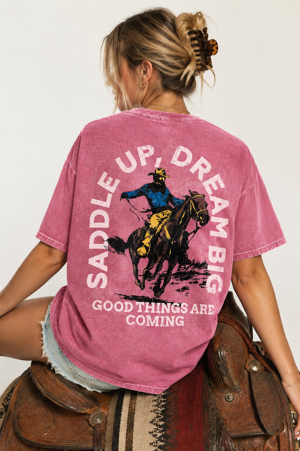 Saddle Up Dream Big Cowboy Western Pink Mineral Tee