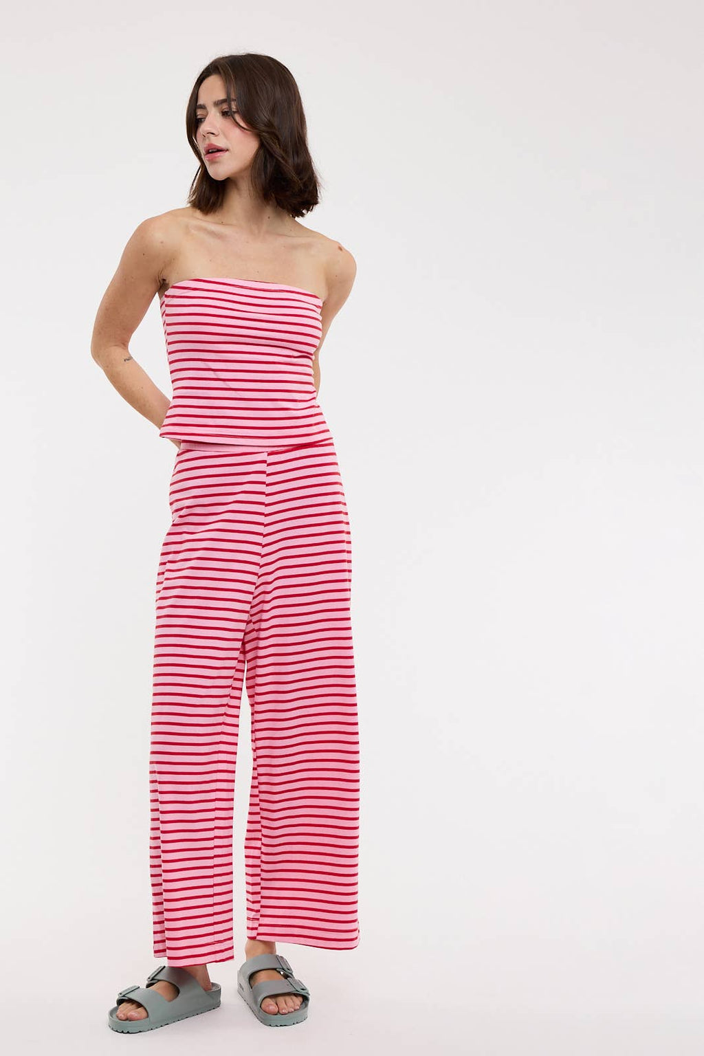 STRIPED KNIT TUBE TOP AND PANTS SET / WL25-12326